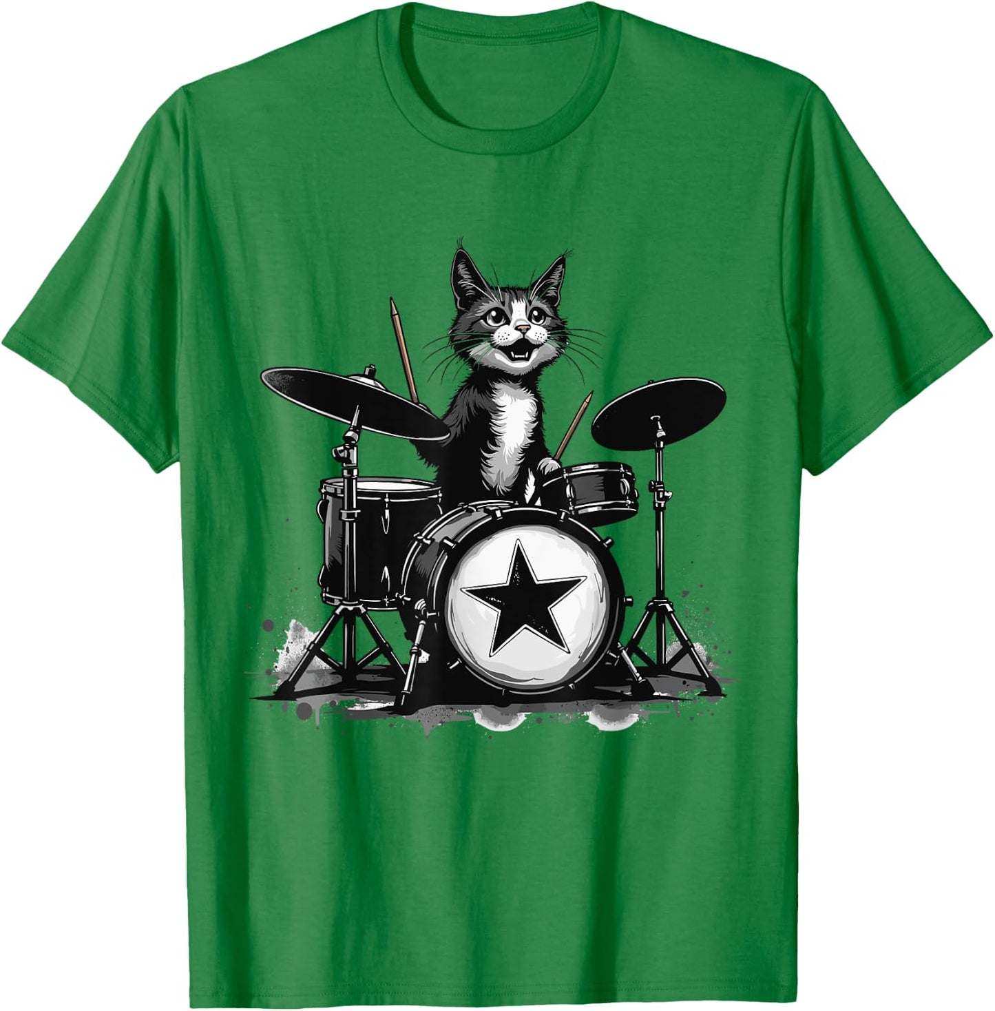 Punk Rockstar Kitten Kitty Cat Drummer Playing Drums Graphic T-Shirt - T-Shirt | Irish Green
