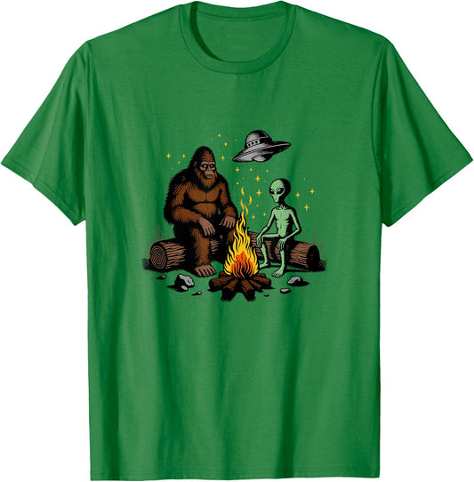 Bigfoot And Alien Campfire Gifts For Outdoor Lovers T-Shirt - T-Shirt | Irish Green