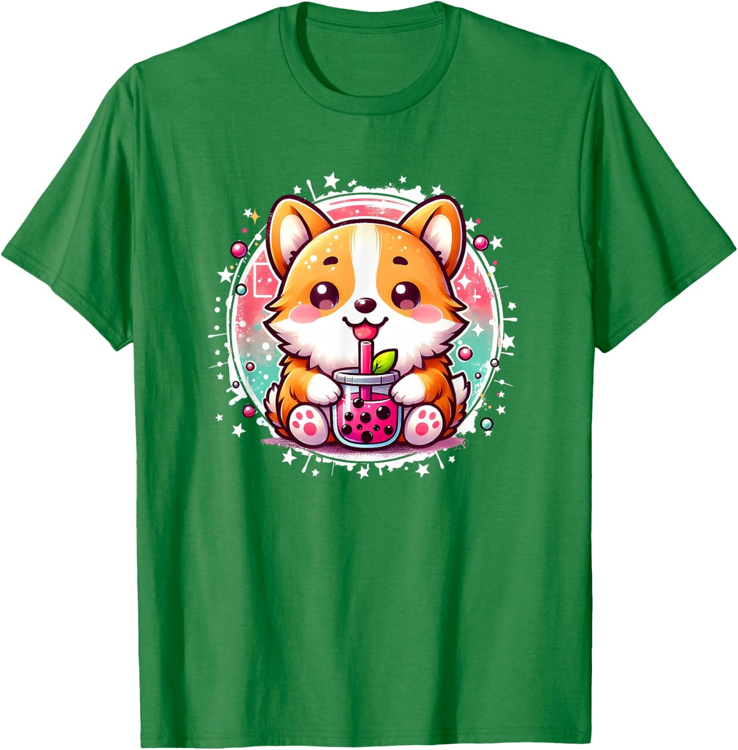 Cute Kawaii Stuff Corgi Dog Drinks Boba Bubble Tea Anime - Pink, Small, , Short Sleeve, Anime Themed Corgi Dog T-Shirt - T-Shirt | Irish Green