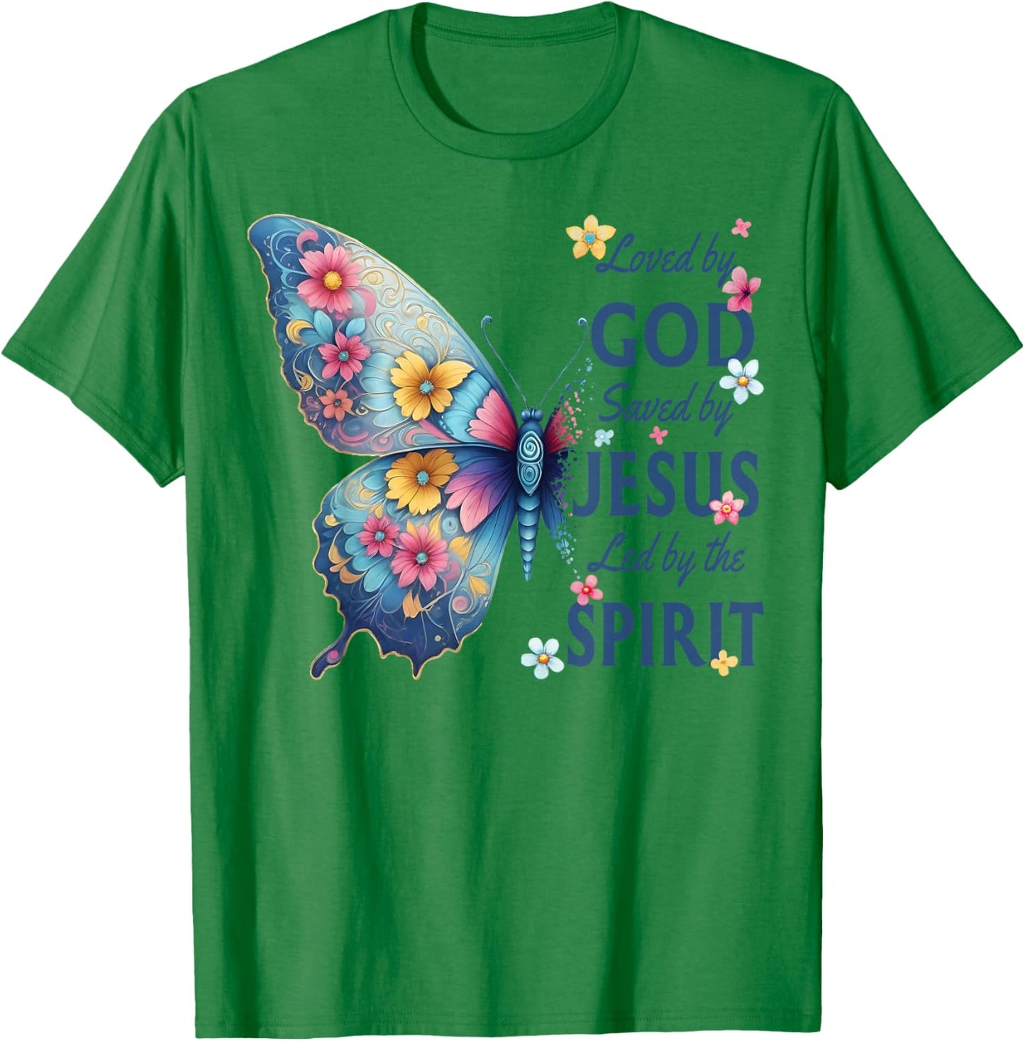 Loved by God Saved by Jesus Floral Butterfly Christian T-Shirt - T-Shirt | Irish Green