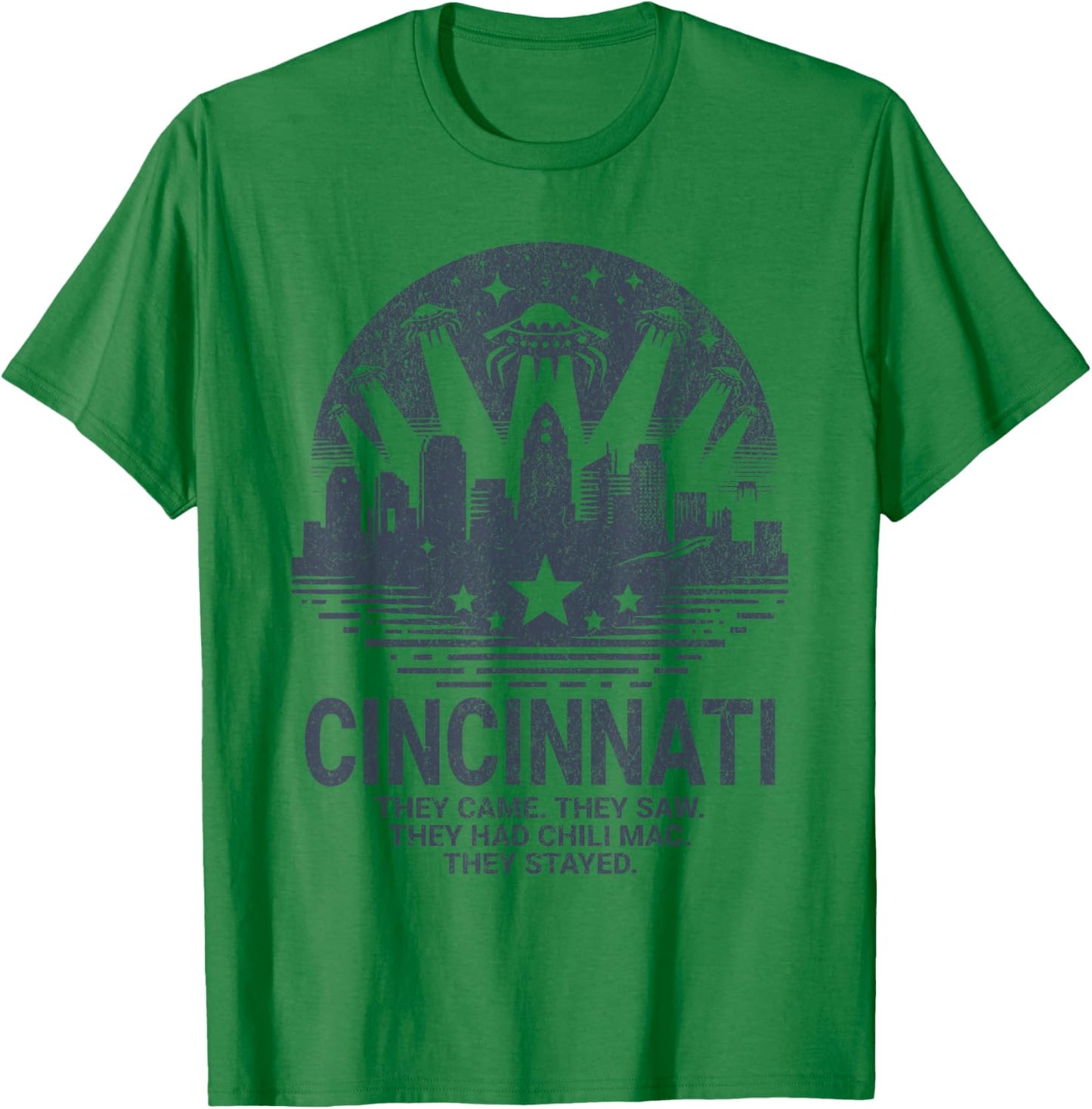 Funny Cincinnati OH City Skyline UFO Chili Mac Cincinnati T-Shirt - T-Shirt | Irish Green