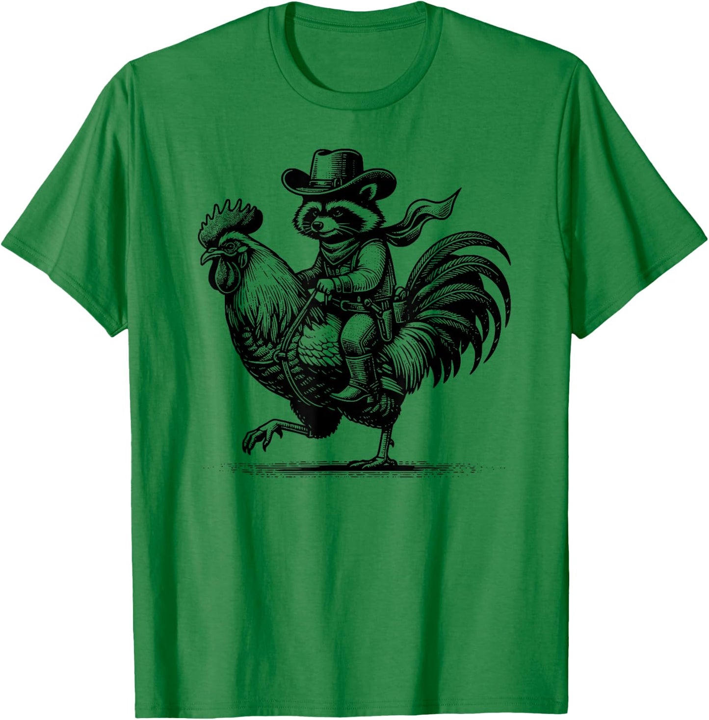 Funny Raccoon With Cowboy Hat & Boots Riding Rooster Vintage T-Shirt - T-Shirt | Irish Green