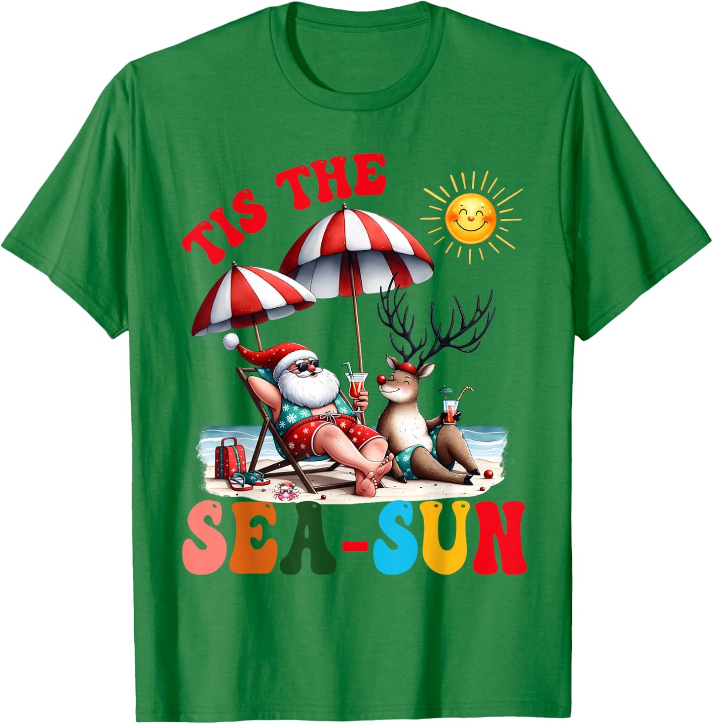 Funny Santa Tis the Sea-Sun Christmas Summer Reindeer Family Men Women Kids T-Shirt - T-Shirt | Irish Green