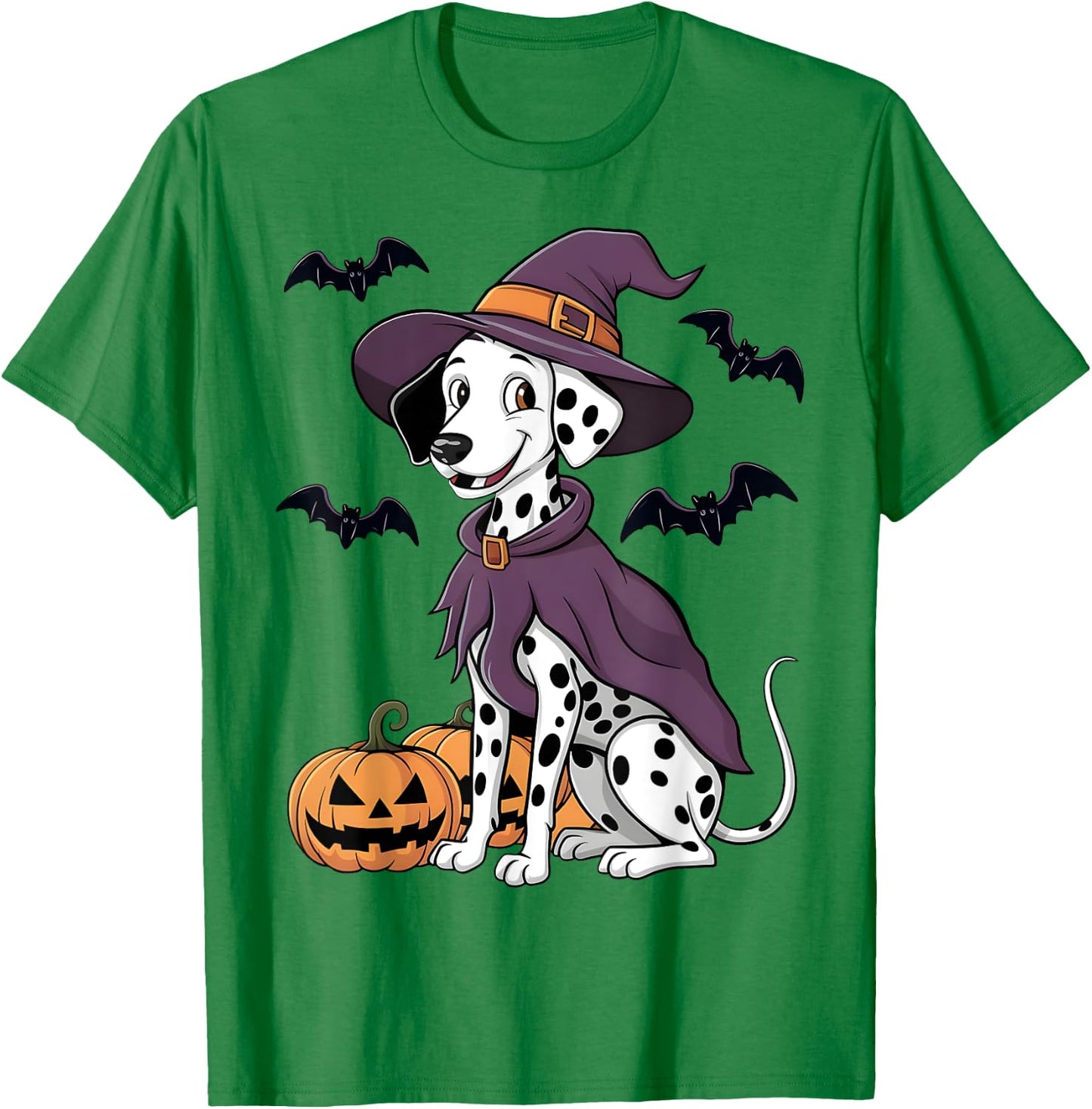 Scary Pumpkin Bat Funny Witch Hat Dalmatian Dog Halloween T-Shirt - T-Shirt | Irish Green