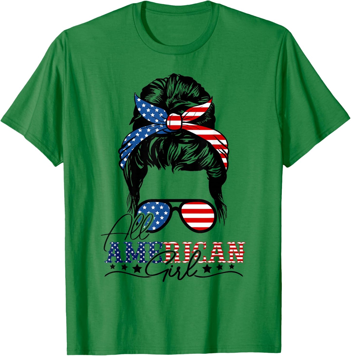 4th of July Messy Bun All American Girls USA Flag For Girls T-Shirt - T-Shirt | Irish Green