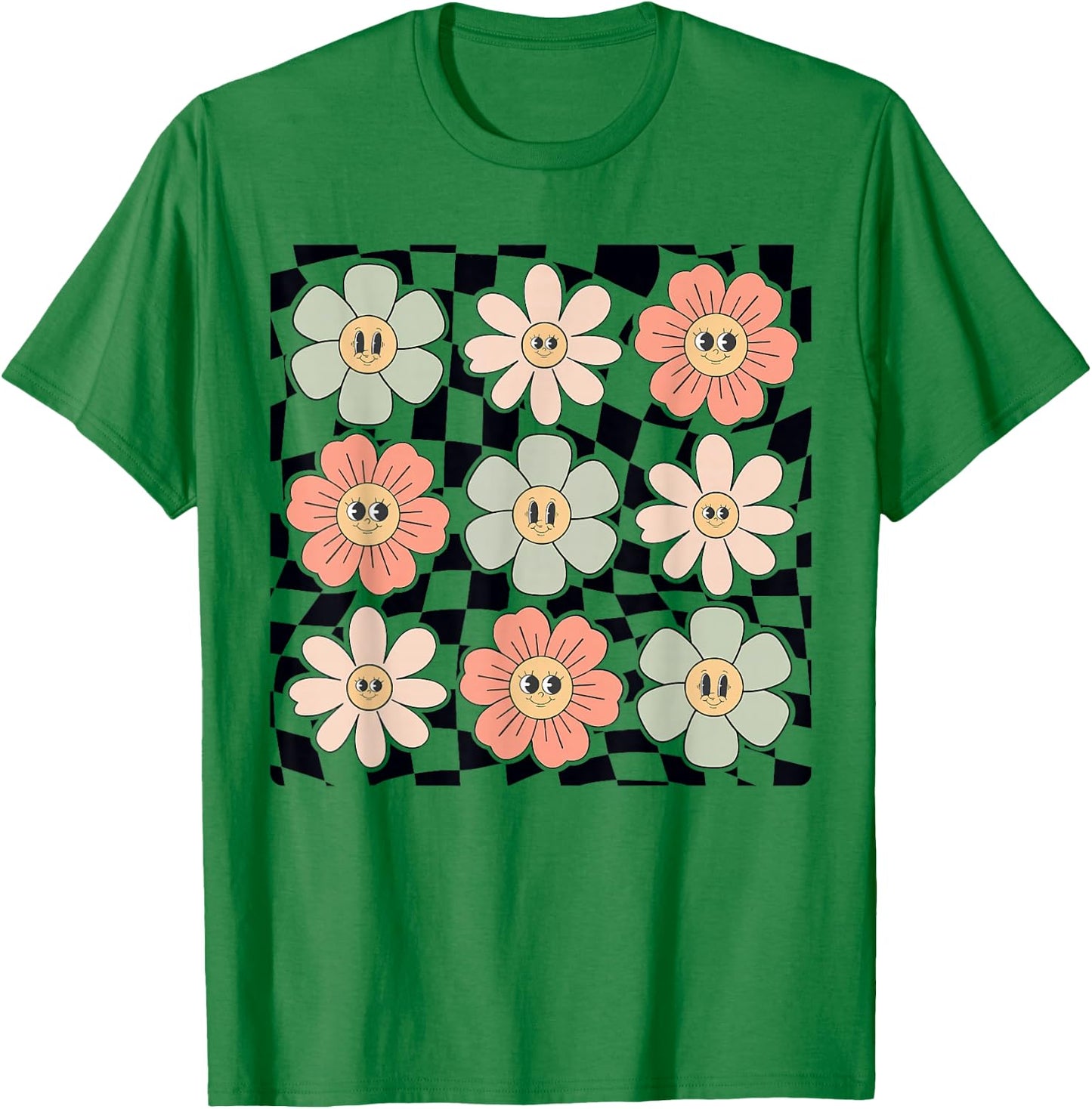 Retro Colorful Checkered Pattern Checkerboard Daisy Flowers T-Shirt - T-Shirt | Irish Green
