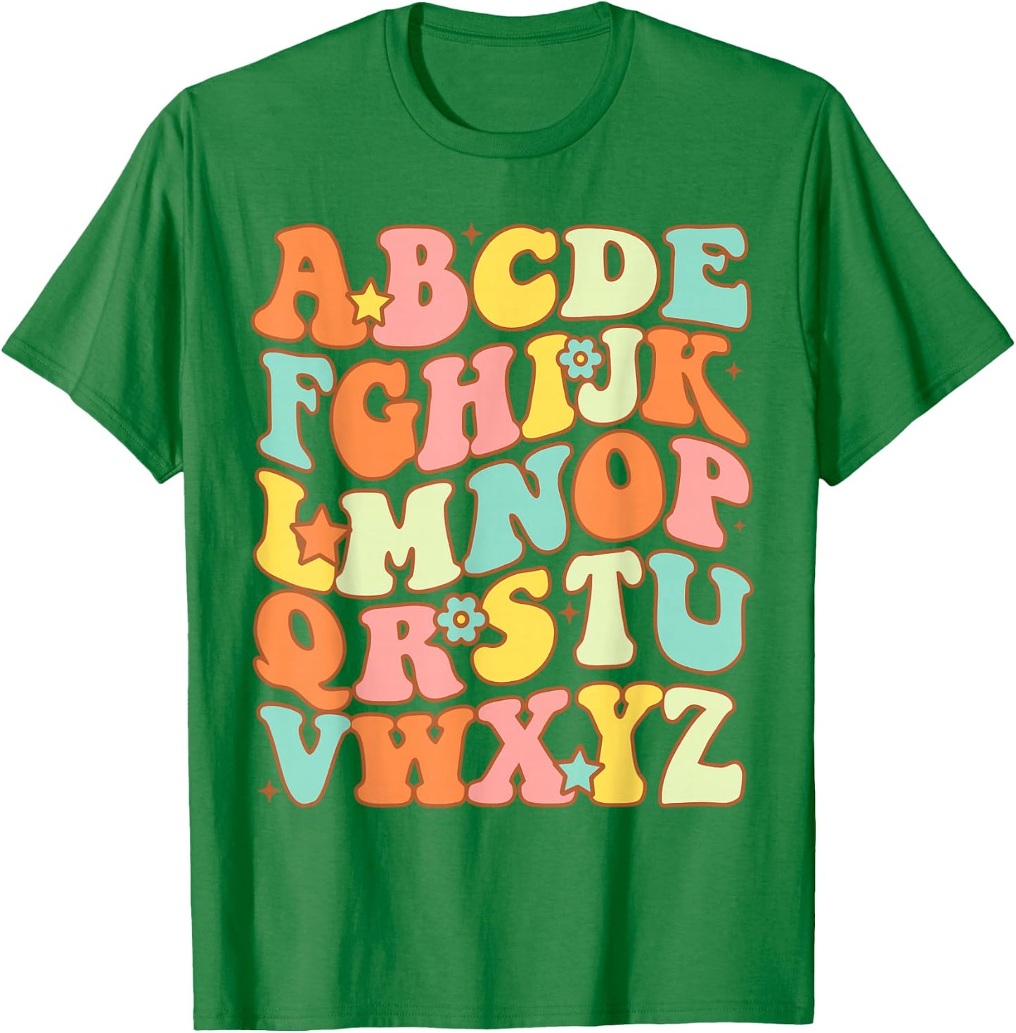 Groovy Letters Alphabet Learn ABCs Boy Girl Reading Teacher T-Shirt - T-Shirt | Irish Green