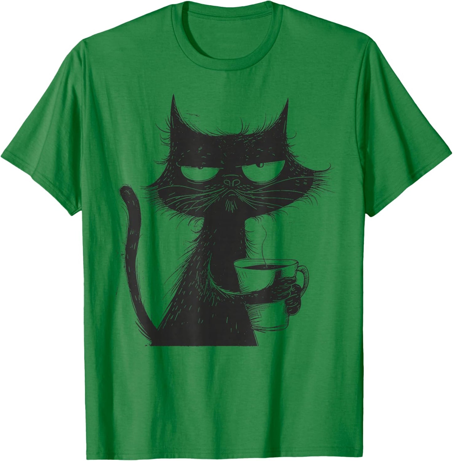 Funny Angry Cat With Coffee Mug Graphic T-Shirt - T-Shirt | Irish Green