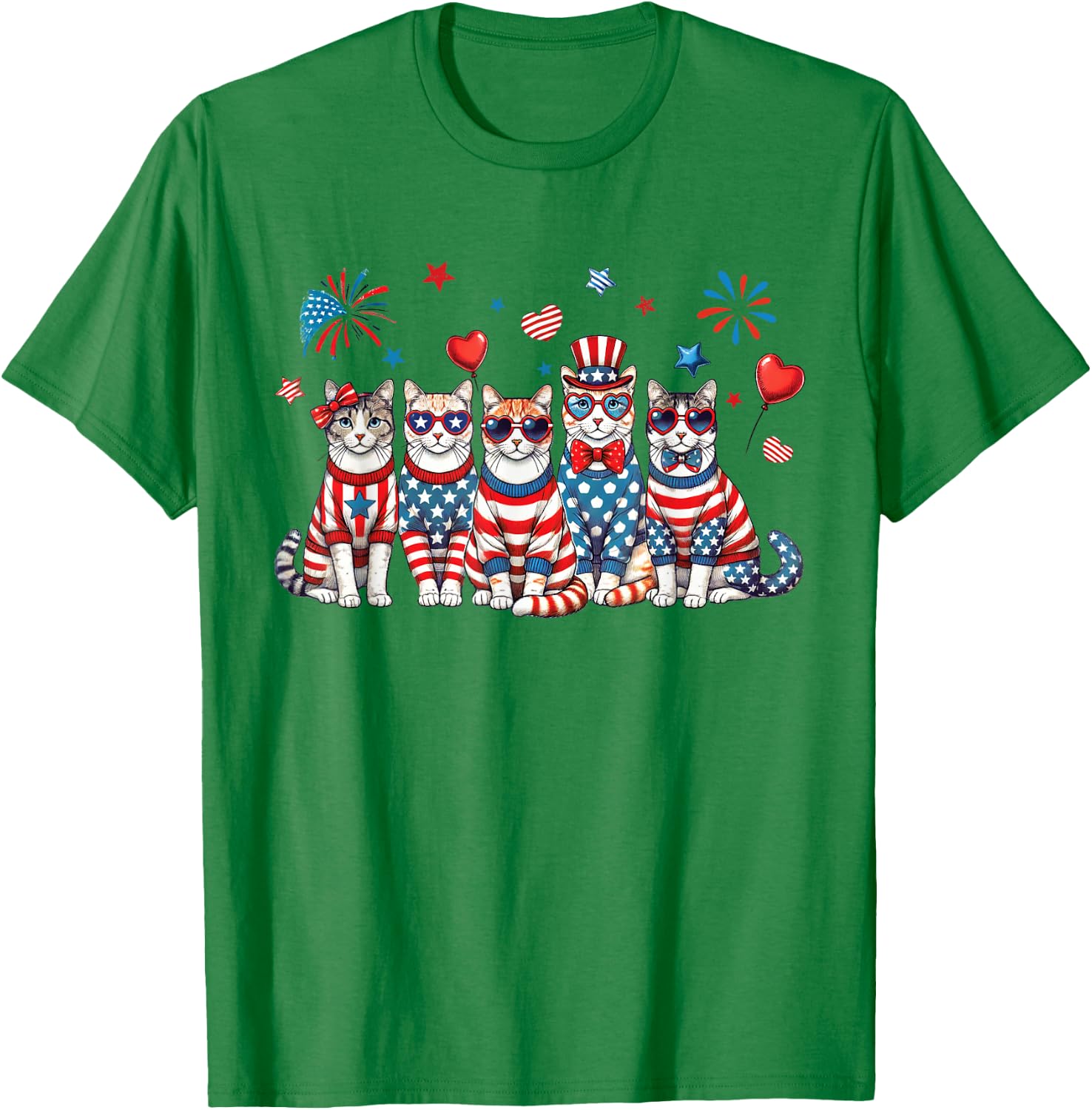 Patriotic Cats Wearing Red White Blue Glasses Fireworks USA T-Shirt - T-Shirt | Irish Green