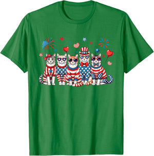 Patriotic Cats Wearing Red White Blue Glasses Fireworks USA T-Shirt - T-Shirt | Irish Green