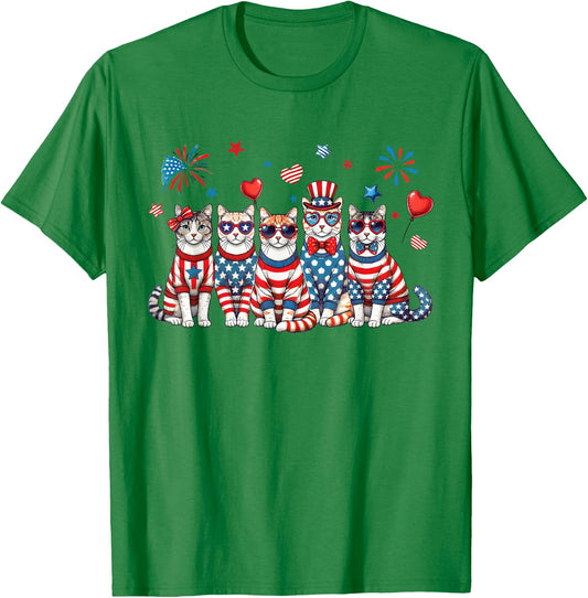 Patriotic Cats Wearing Red White Blue Glasses Fireworks USA T-Shirt - T-Shirt | Irish Green