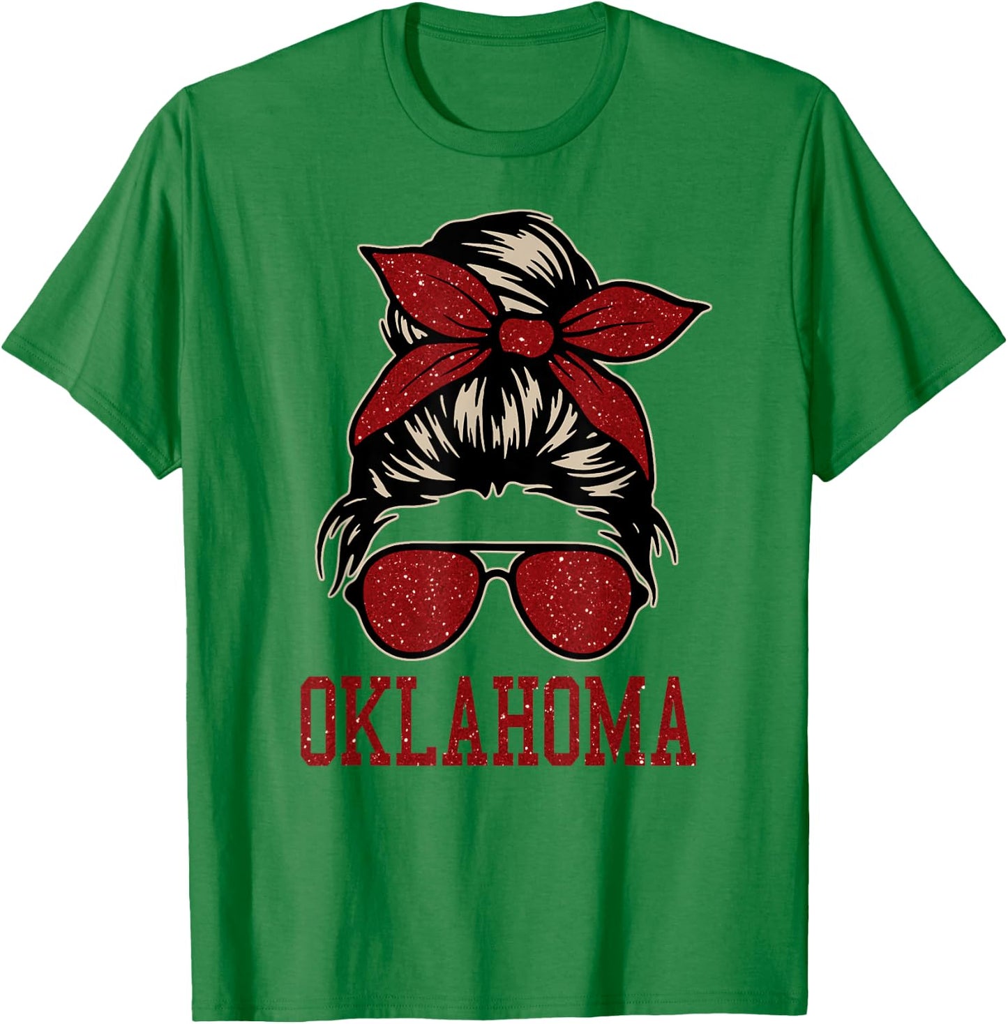 Oklahoma Women Girl Messy Bun Hair. Oklahoma US College Font T-Shirt - T-Shirt | Irish Green