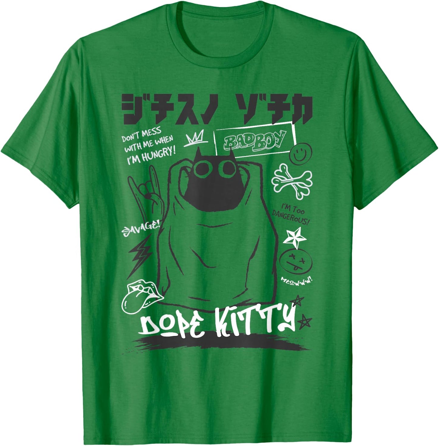 Funny Japanese Cartoon Black Cat Humorous Kitty T-Shirt - T-Shirt | Irish Green