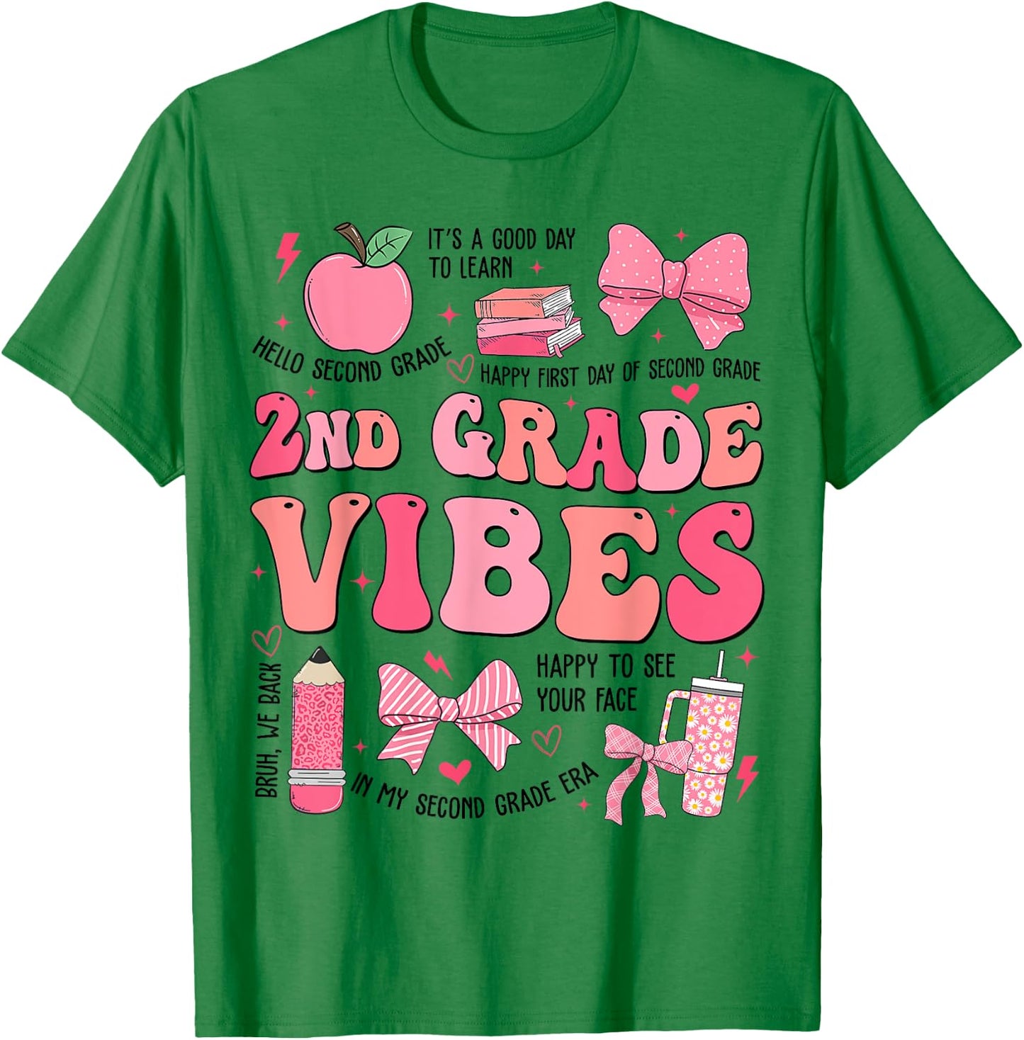Girls 2nd Grade Vibes Coquette Bow Back to School Teacher T-Shirt - T-Shirt | Irish Green