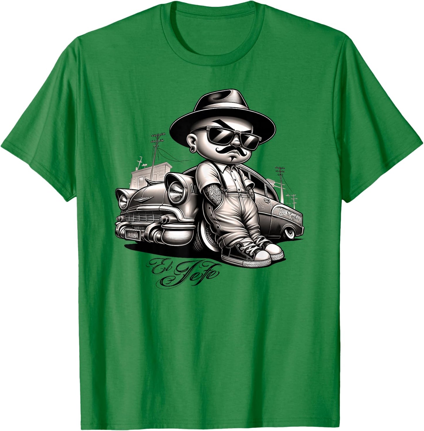EL JEFE Bomba Lowrider Chicano Homie Tattoo Cholo Pachuco T-Shirt - T-Shirt | Irish Green