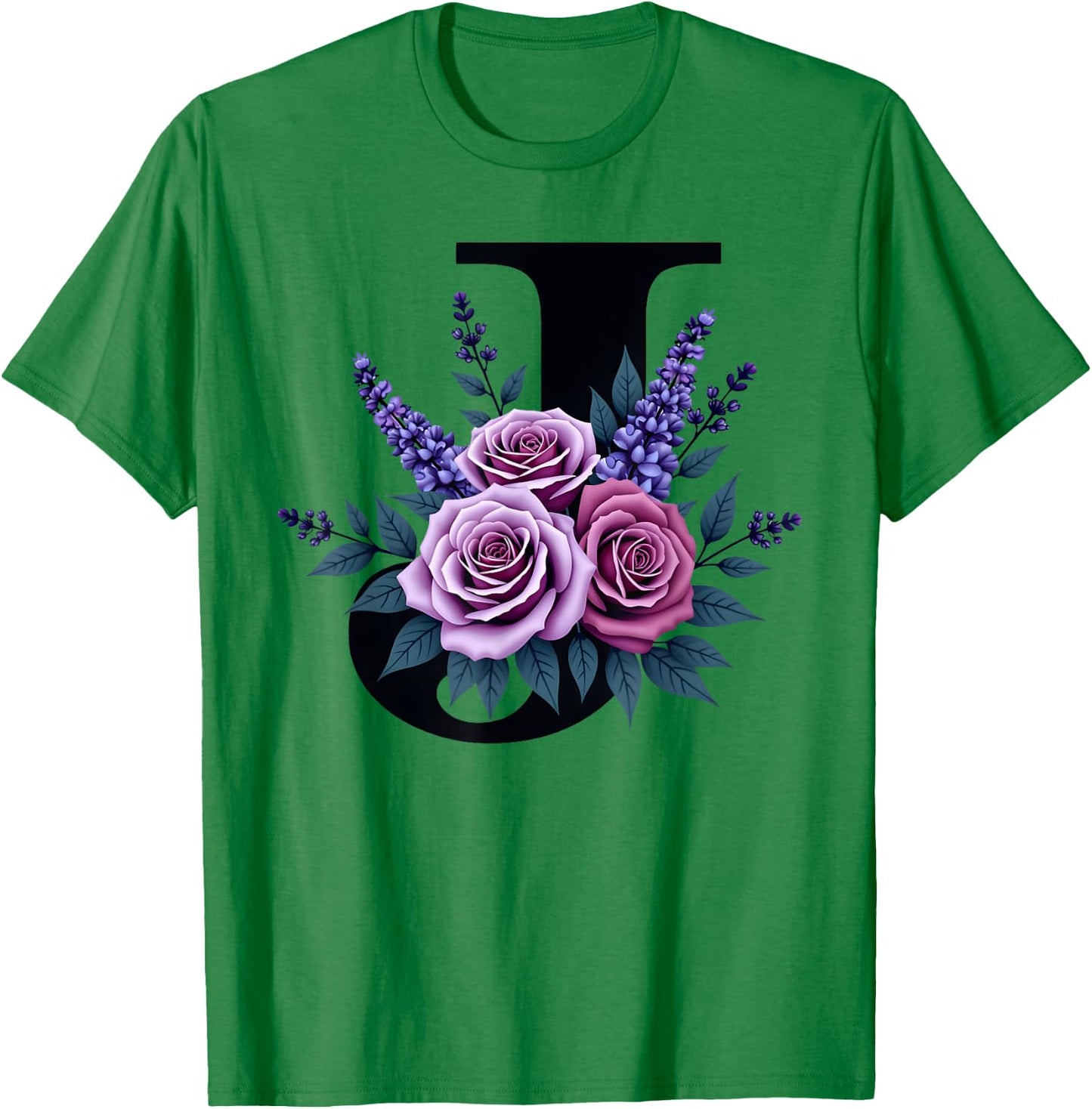 monogram initial name letter J purple roses lavender flowers T-Shirt - T-Shirt | Irish Green