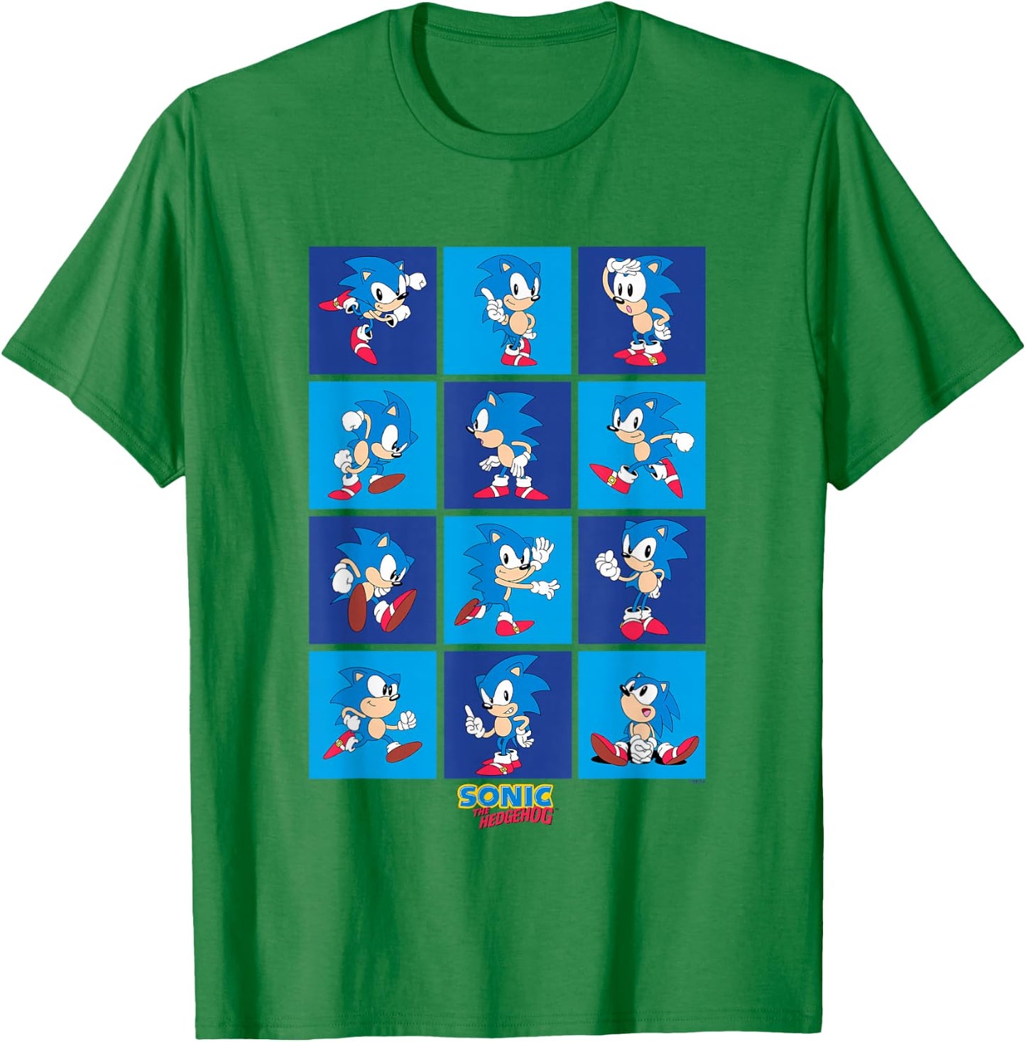 Sonic The Hedgehog Many Poses Of Sonic Retro Panels T-Shirt - T-Shirt | Irish Green