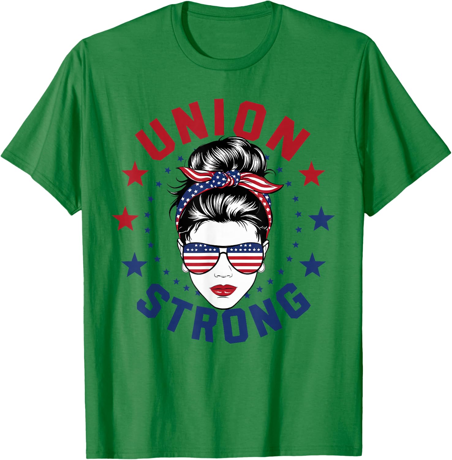 Union Strong Labor Day Messy Bun USA Flag T-Shirt - T-Shirt | Irish Green
