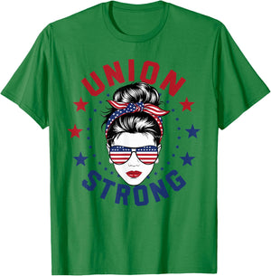 Union Strong Labor Day Messy Bun USA Flag T-Shirt - T-Shirt | Irish Green