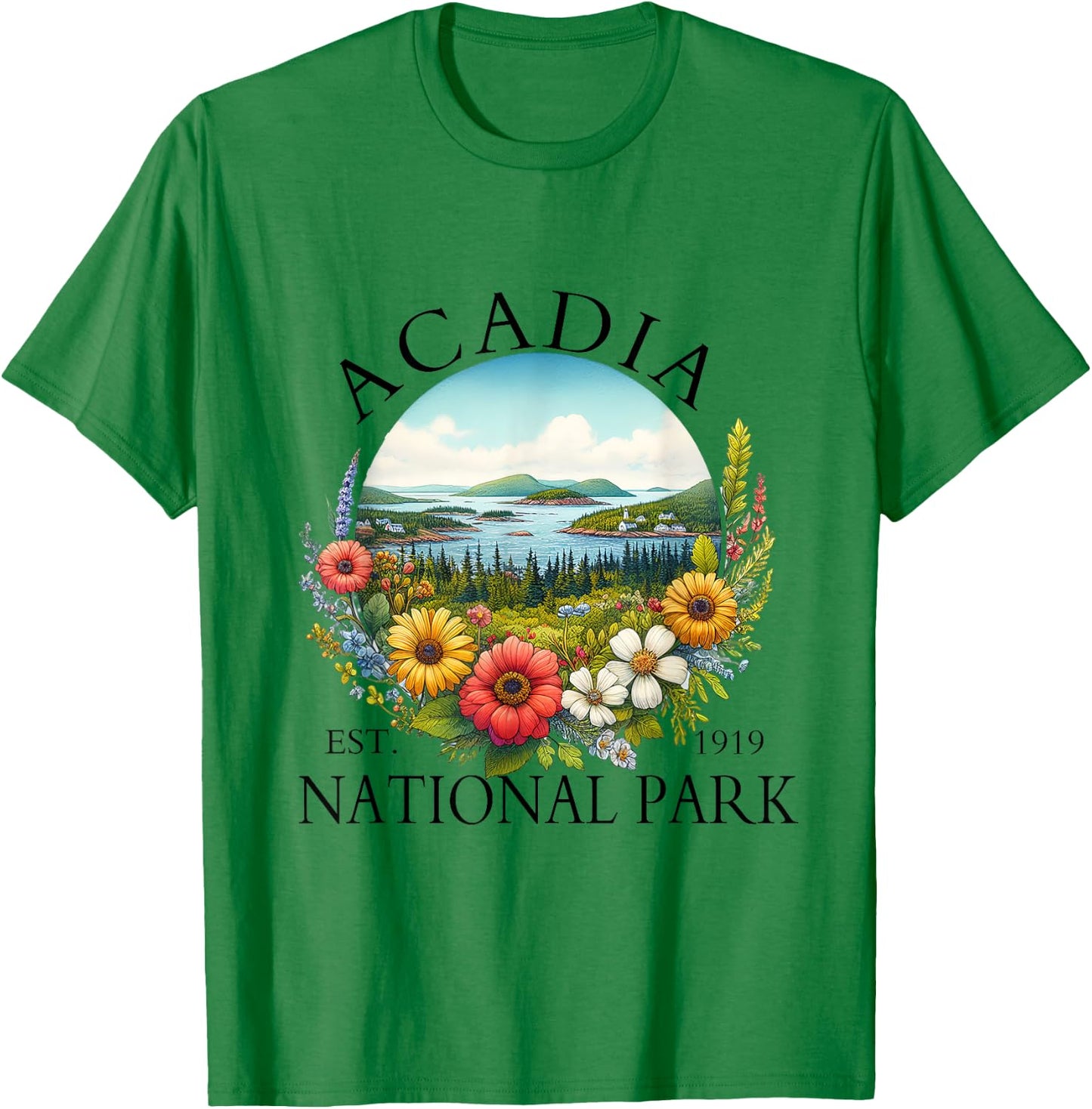 Retro Floral Acadia National Park Hiking Camping Outdoor T-Shirt - T-Shirt | Irish Green