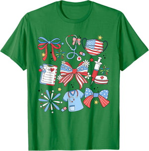 Coquette Bow 4th July Nurse ICU Nurse CRNA Surgical Medical T-Shirt - T-Shirt | Irish Green