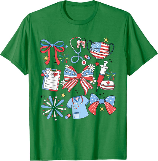 Coquette Bow 4th July Nurse ICU Nurse CRNA Surgical Medical T-Shirt - T-Shirt | Irish Green