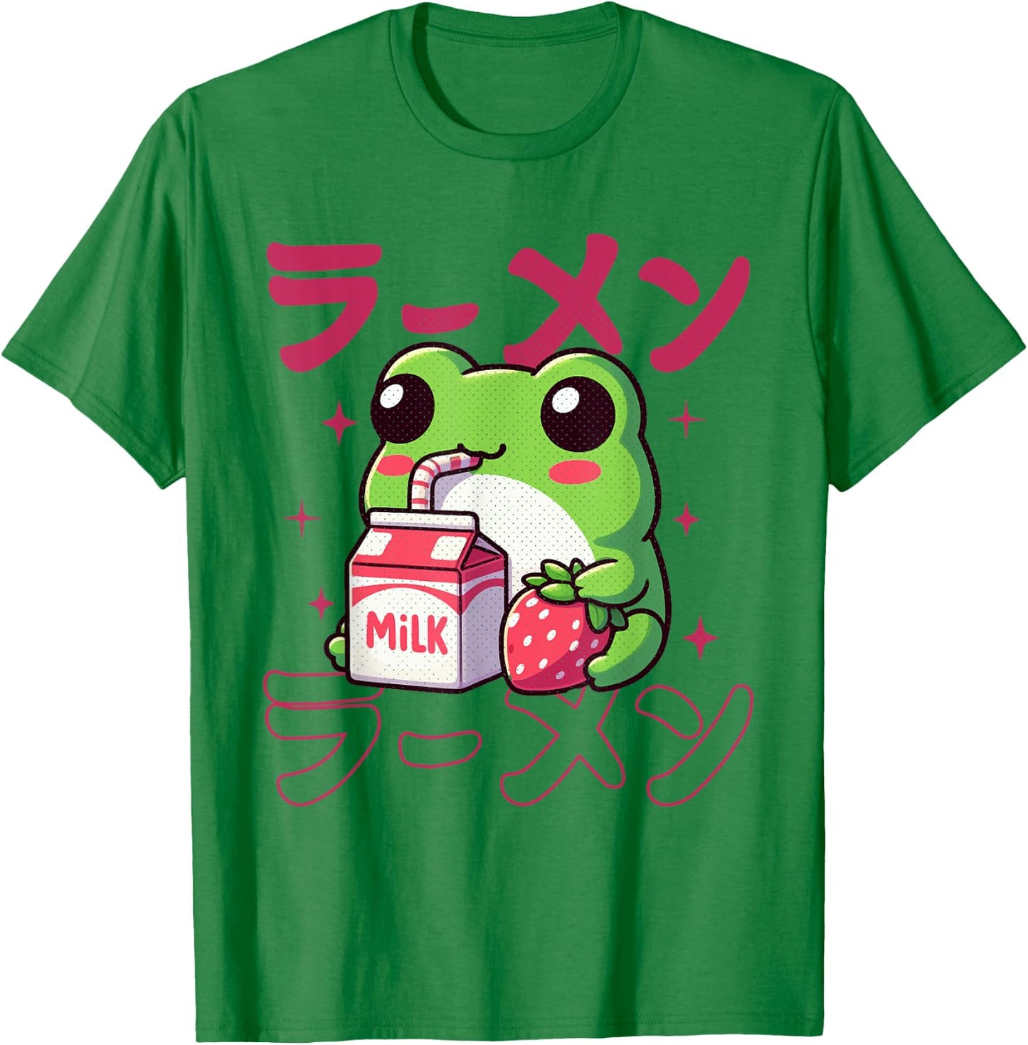 Cute Retro Japanese Kawaii Anime Frog Strawberry Milk Shake T-Shirt - T-Shirt | Irish Green