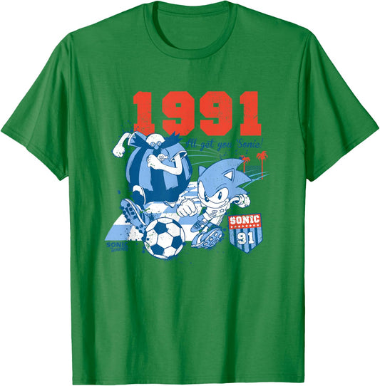 Sonic The Hedgehog Americana Sonic VS Robotnik Soccer Retro T-Shirt - T-Shirt | Irish Green