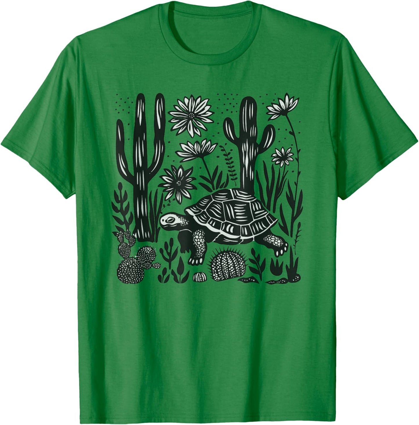 Mexican Linocut Print Mojave Desert Tortoise Cacti Landscape T-Shirt - T-Shirt | Irish Green
