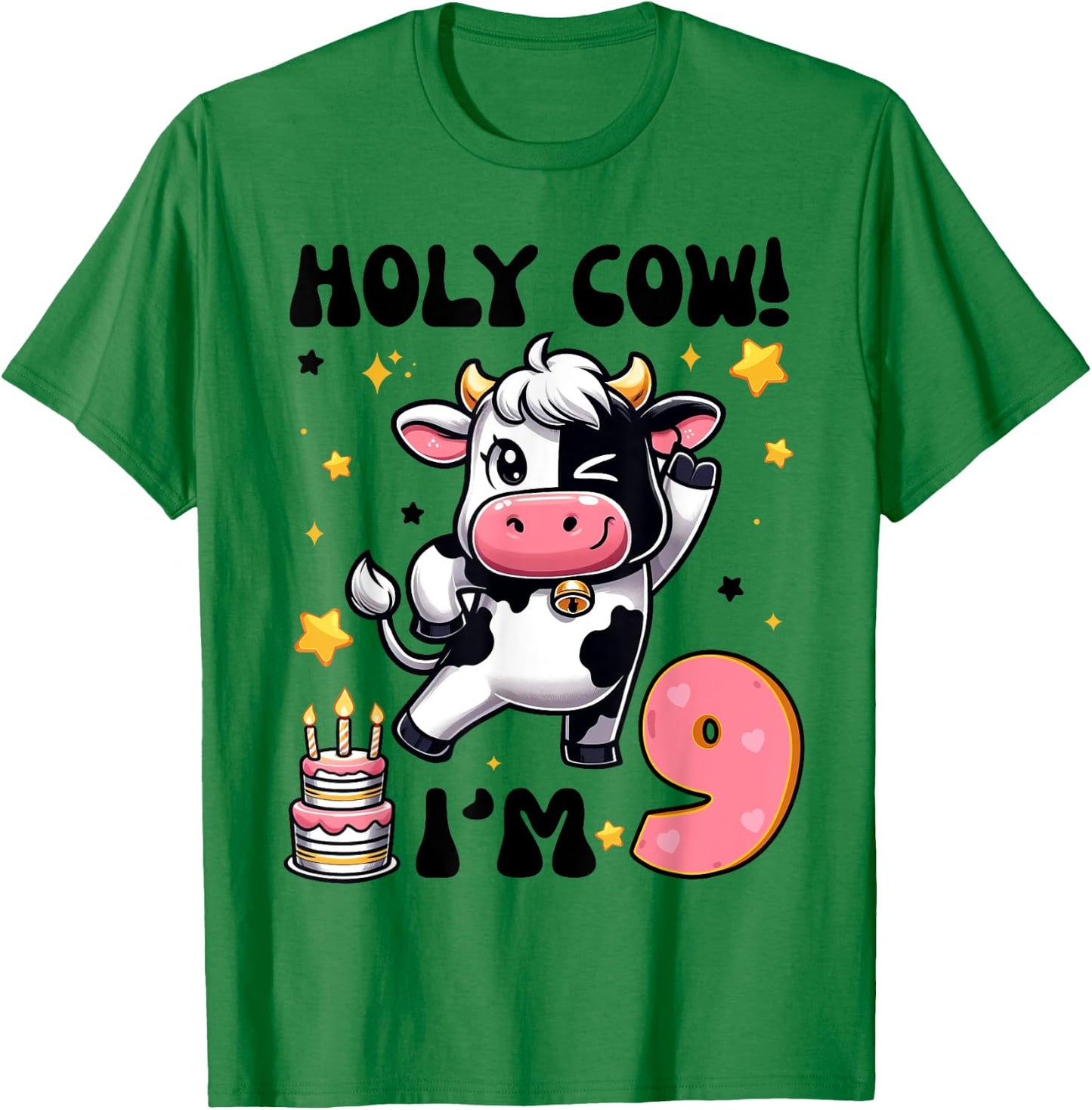 Holy Cow I'm 9 Years Old Boys Girls Kids 9th Birthday Cow T-Shirt - T-Shirt | Irish Green