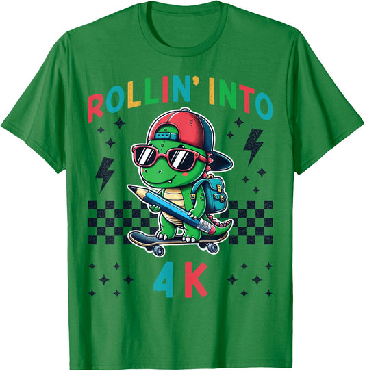 Rollin Into 4K Dinosaur First Day of Pre K 4 Im Ready for 4K T-Shirt - T-Shirt | Irish Green