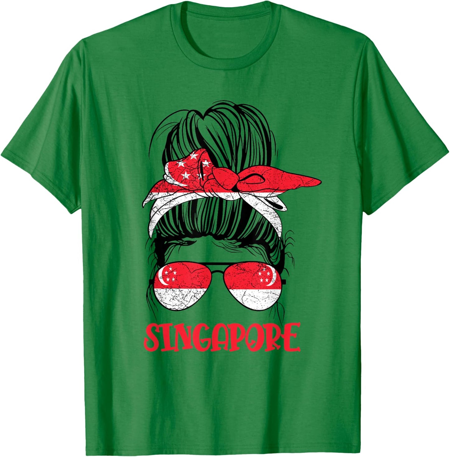 Singaporean Girl Messy bun Kids Women Singapore flag Vintage T-Shirt - T-Shirt | Irish Green