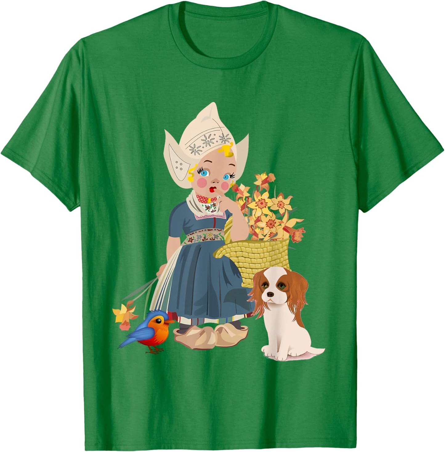 Vintage Dutch Girl in National Costume With her flowers T-Shirt - T-Shirt | Irish Green
