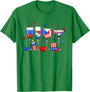 Wine Glasses 4th Of July Drinking Red White Blue USA Flag T-Shirt - T-Shirt | Irish Green