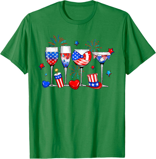 Wine Glasses 4th Of July Drinking Red White Blue USA Flag T-Shirt - T-Shirt | Irish Green