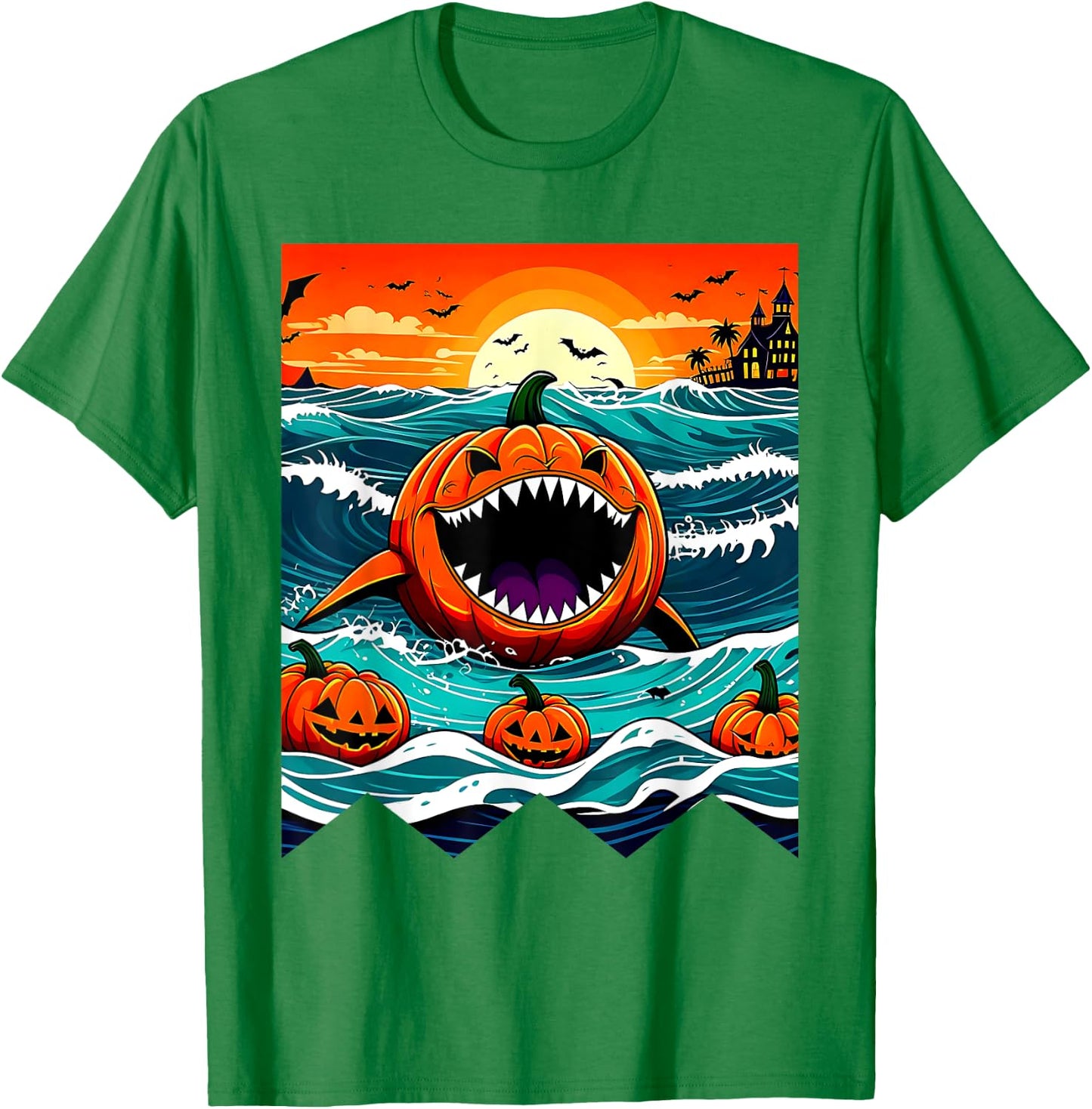 Halloween Pumpkin Shark Funny Summerween Spooky Summer Kids T-Shirt - T-Shirt | Irish Green