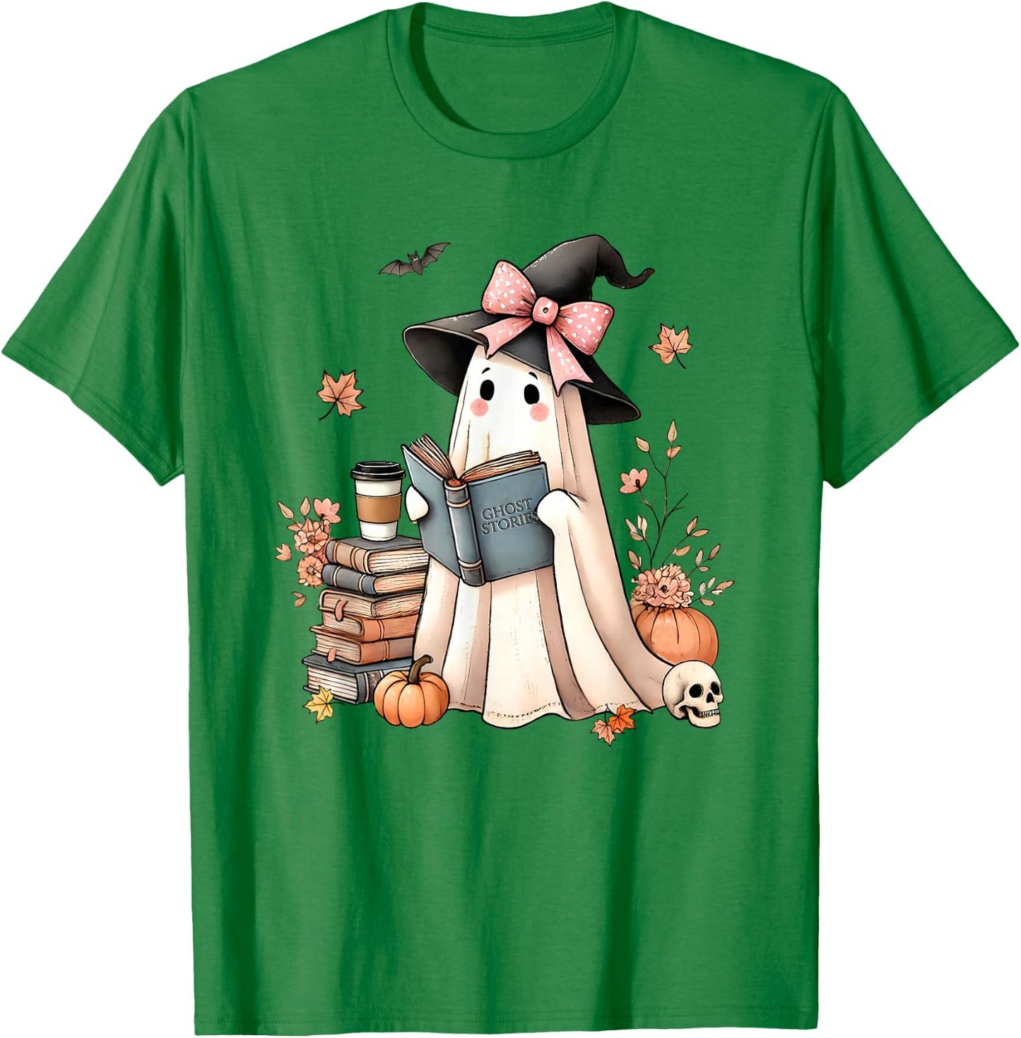 Cute Ghost Reading Book Librarian Book Lover T-Shirt - T-Shirt | Irish Green