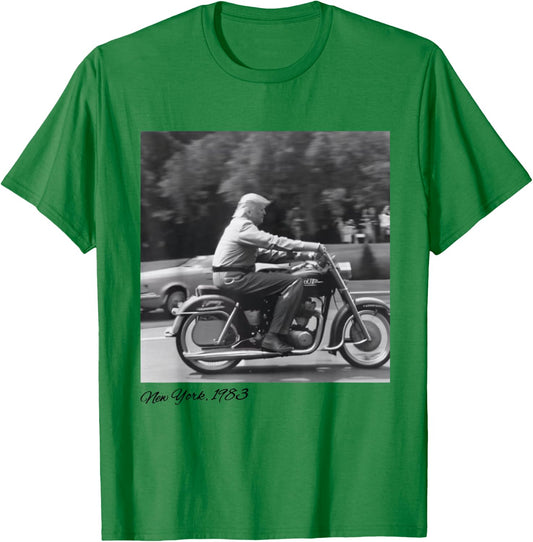 Trump on a motorcycle in New York Vintage , Small, Grey T-Shirt - T-Shirt | Irish Green