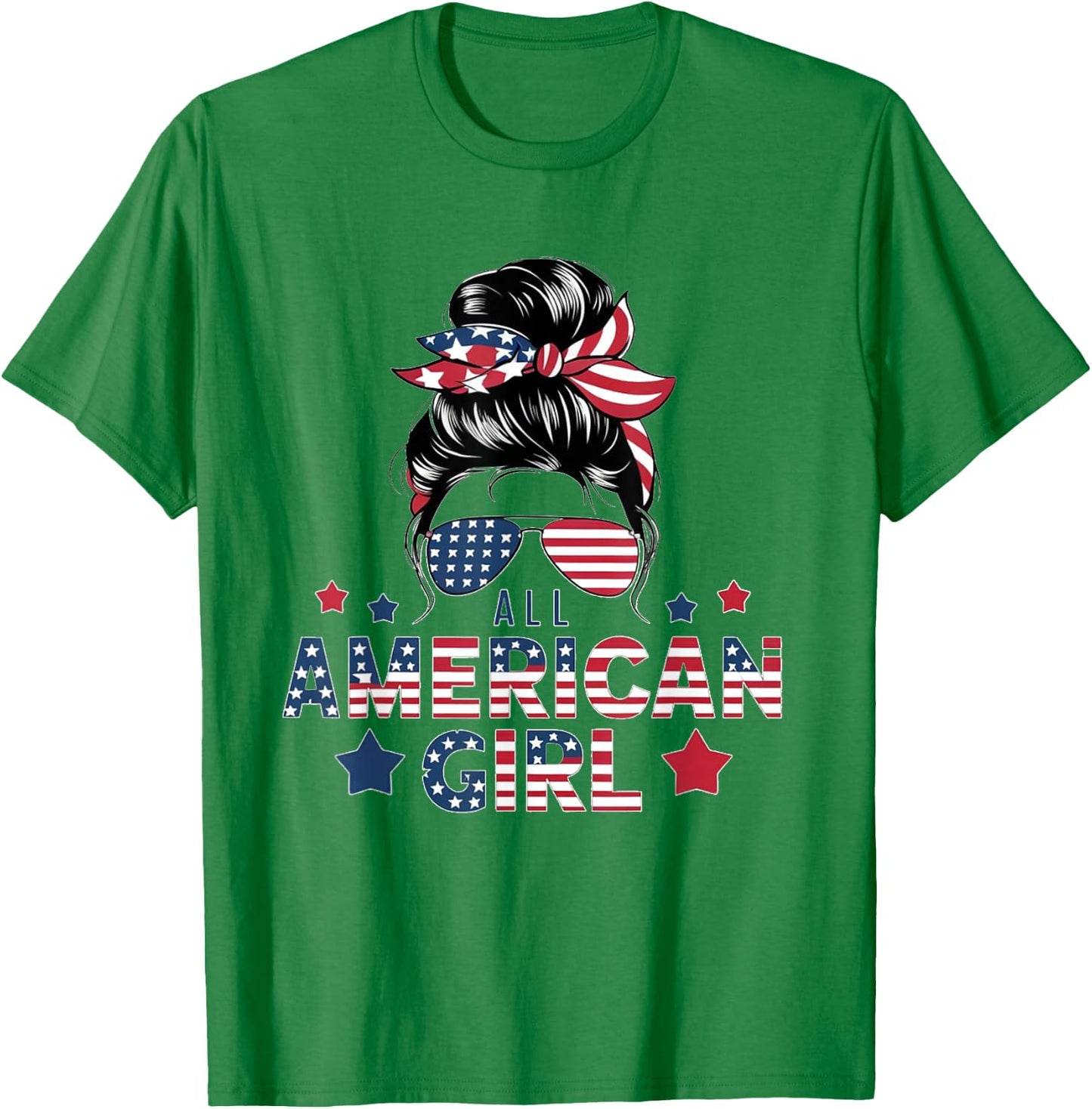 4th of July All American Girls Messy Bun Women USA Flag T-Shirt - T-Shirt | Irish Green