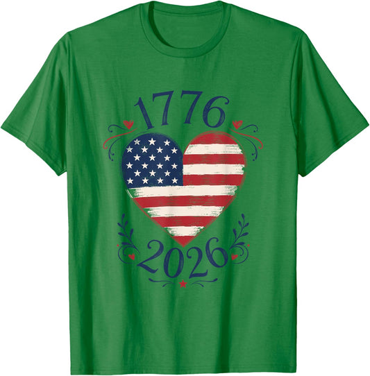 1776-2026 Heart 250th Anniversary 4th of July USA T-Shirt - T-Shirt | Irish Green