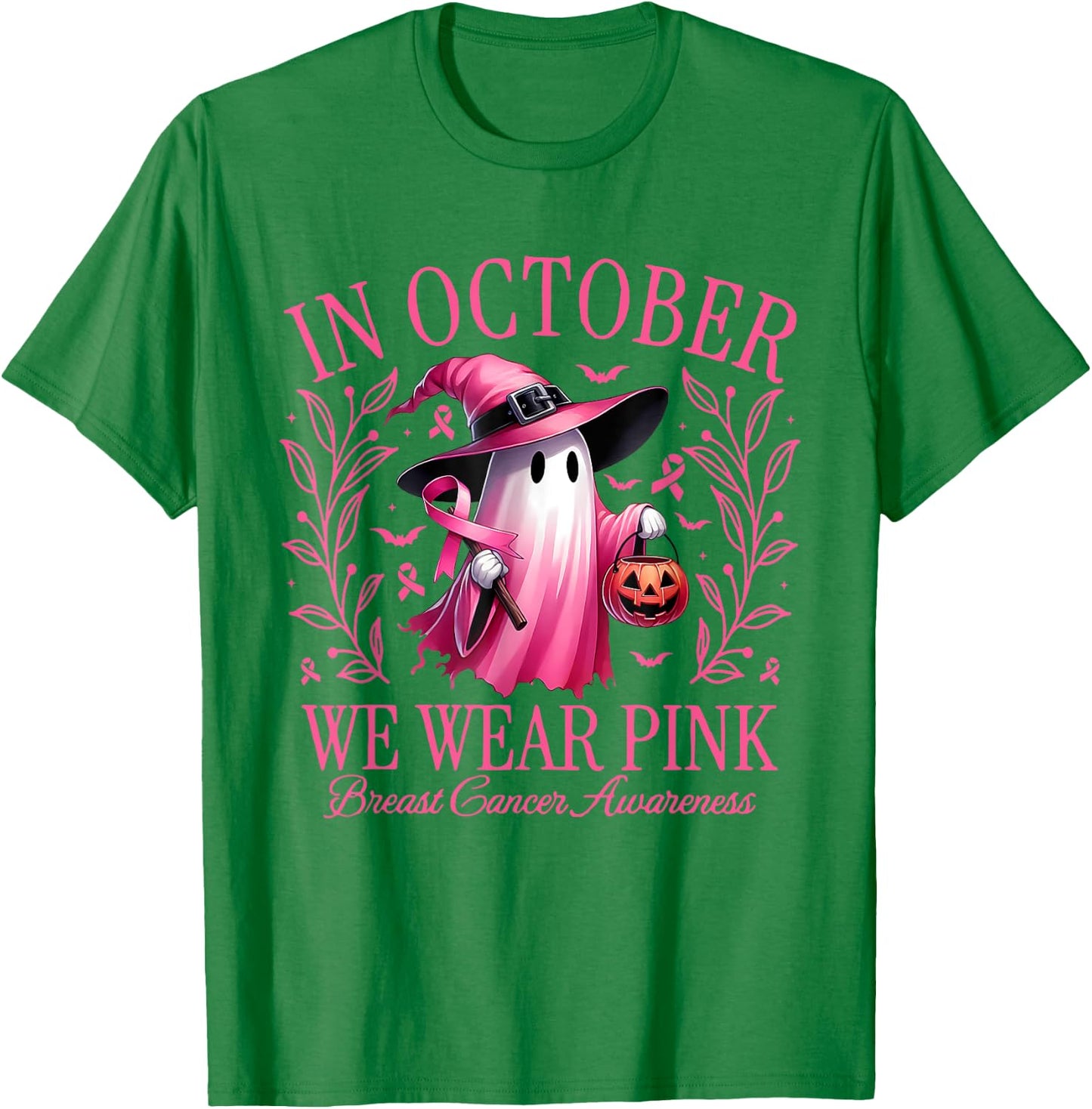 In October We Wear Pink Breast Cancer Awareness Halloween T-Shirt - T-Shirt | Irish Green