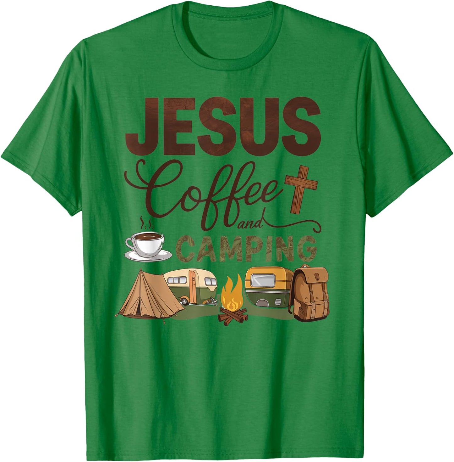 Jesus Coffee And Camping T-Shirt - T-Shirt | Irish Green