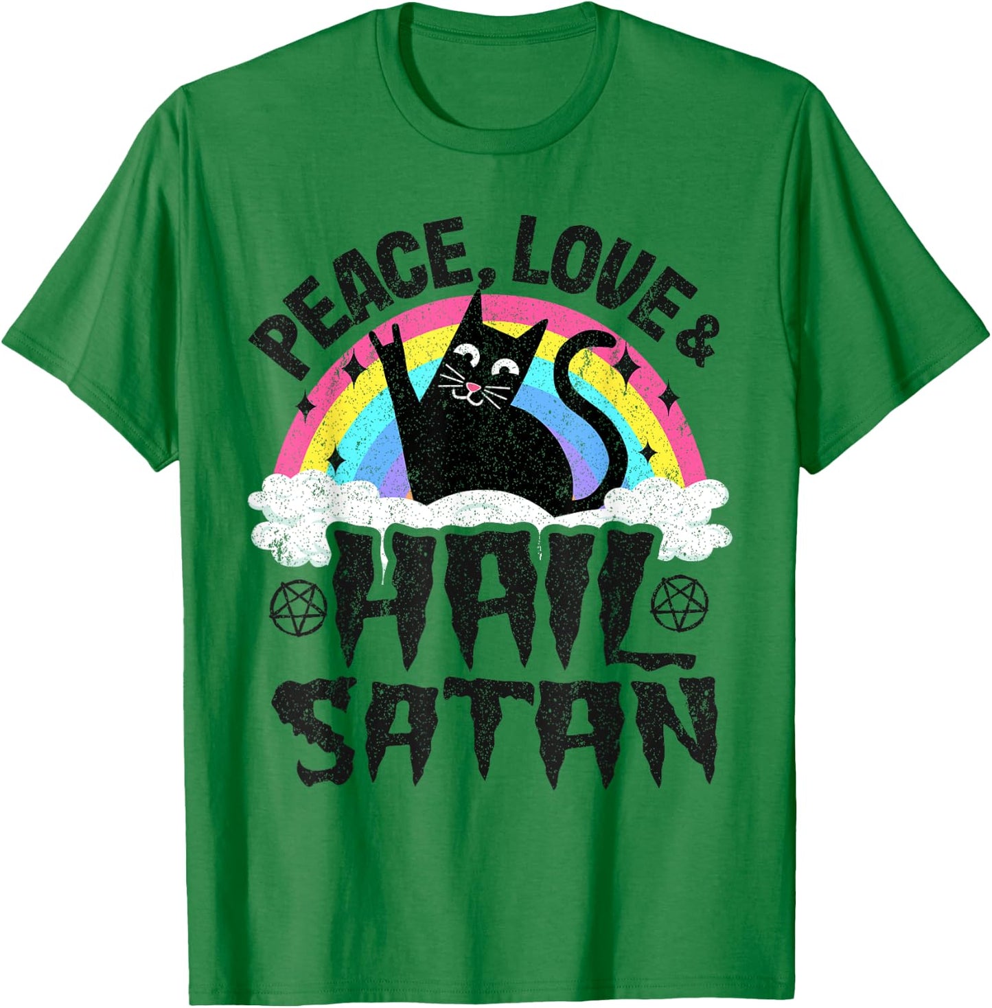 Peace Love & Hail Satan Cat Kids Punk Band Metal Rainbow T-Shirt - T-Shirt | Irish Green