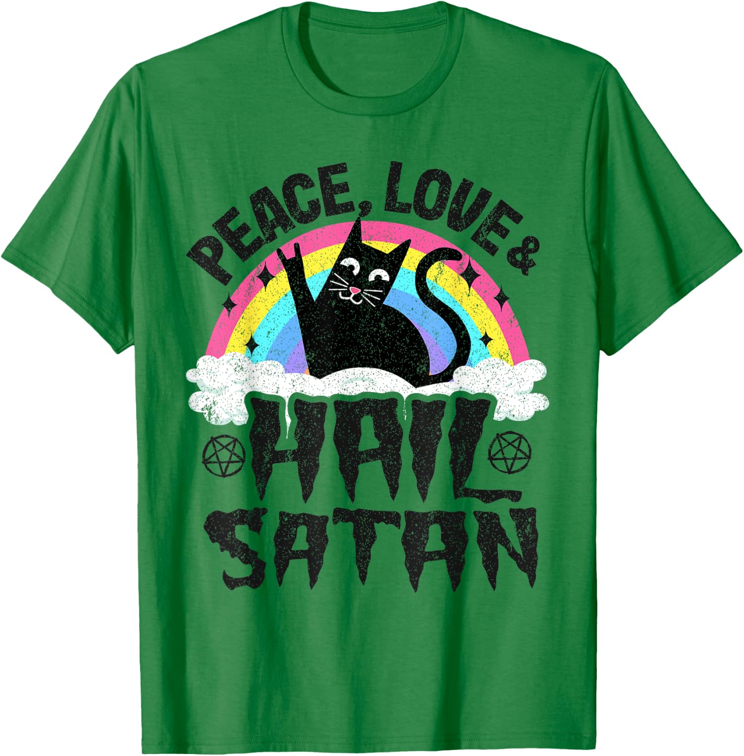 Peace Love & Hail Satan Cat Kids Punk Band Metal Rainbow T-Shirt - T-Shirt | Irish Green