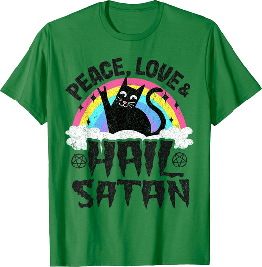 Peace Love & Hail Satan Cat Kids Punk Band Metal Rainbow T-Shirt - T-Shirt | Irish Green
