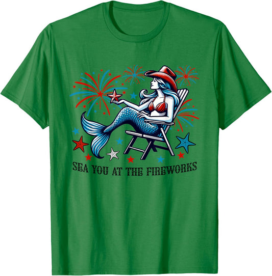 Mermaid Sea You At The Fireworks 4th of July Patriotic Cute T-Shirt - T-Shirt | Irish Green