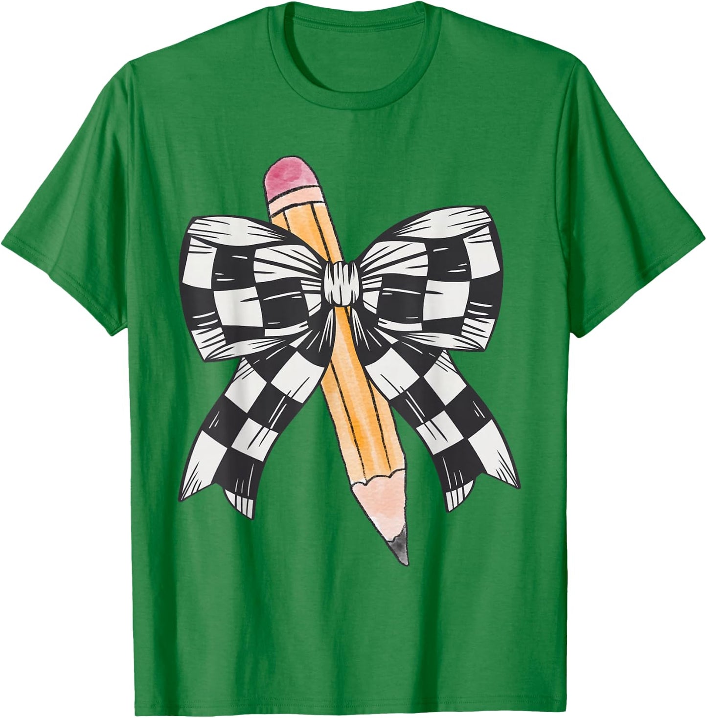 Back To School Day Checkerboard Coquette Bow Pencil Motivate T-Shirt - T-Shirt | Irish Green