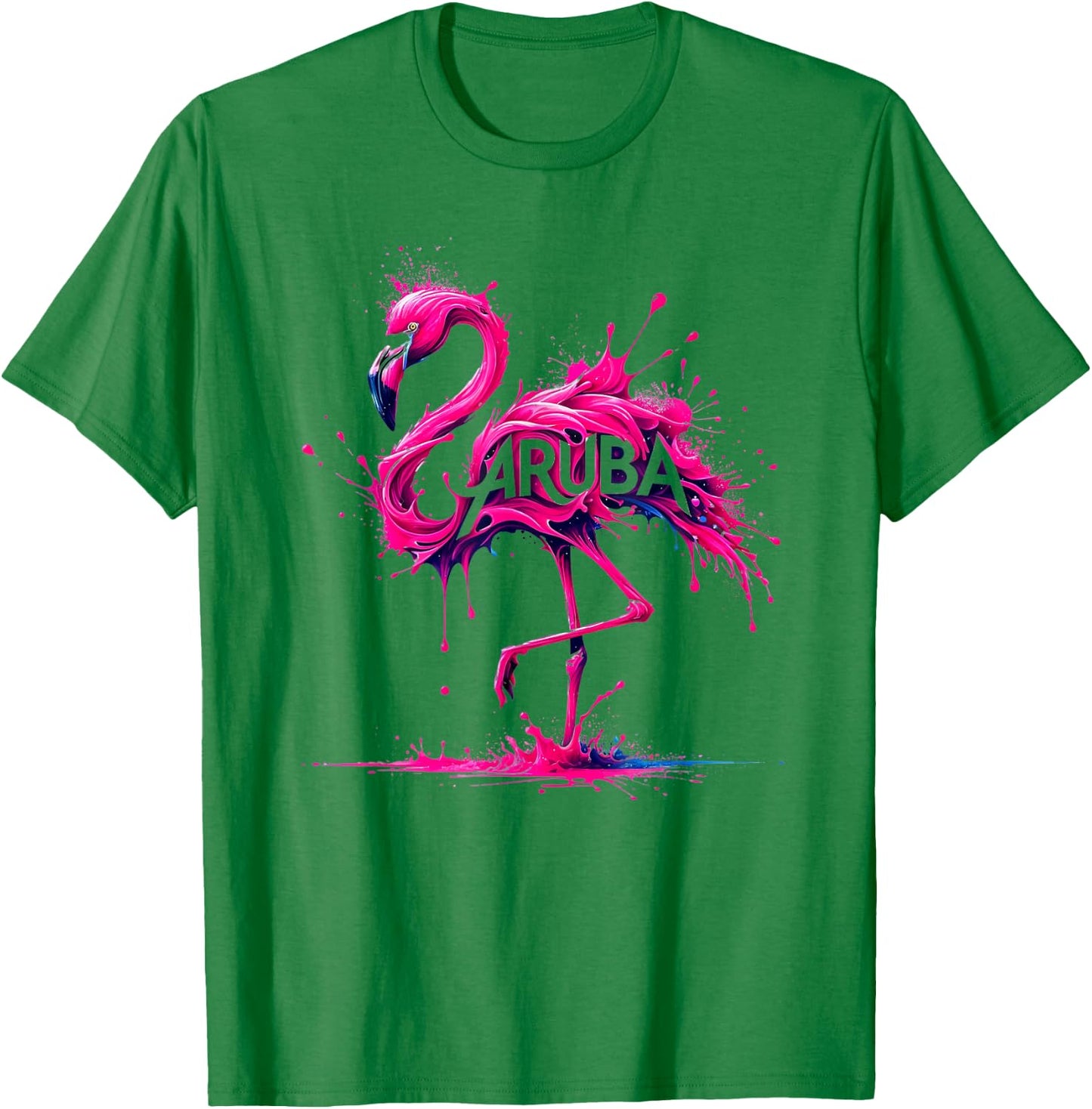 Aruba Paint Splatter Flamingo T-Shirt - T-Shirt | Irish Green