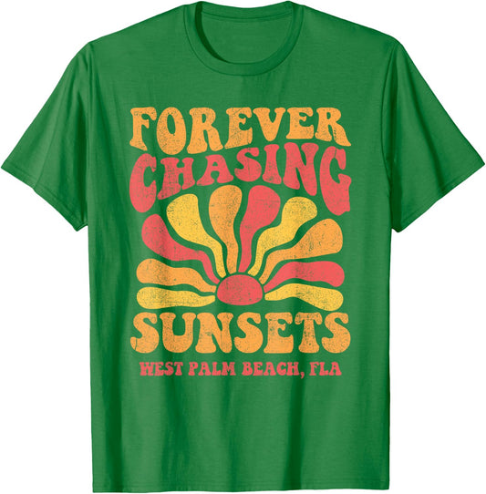 Forever Chasing Sunsets West Palm Beach Florida 70s Retro T-Shirt - T-Shirt | Irish Green