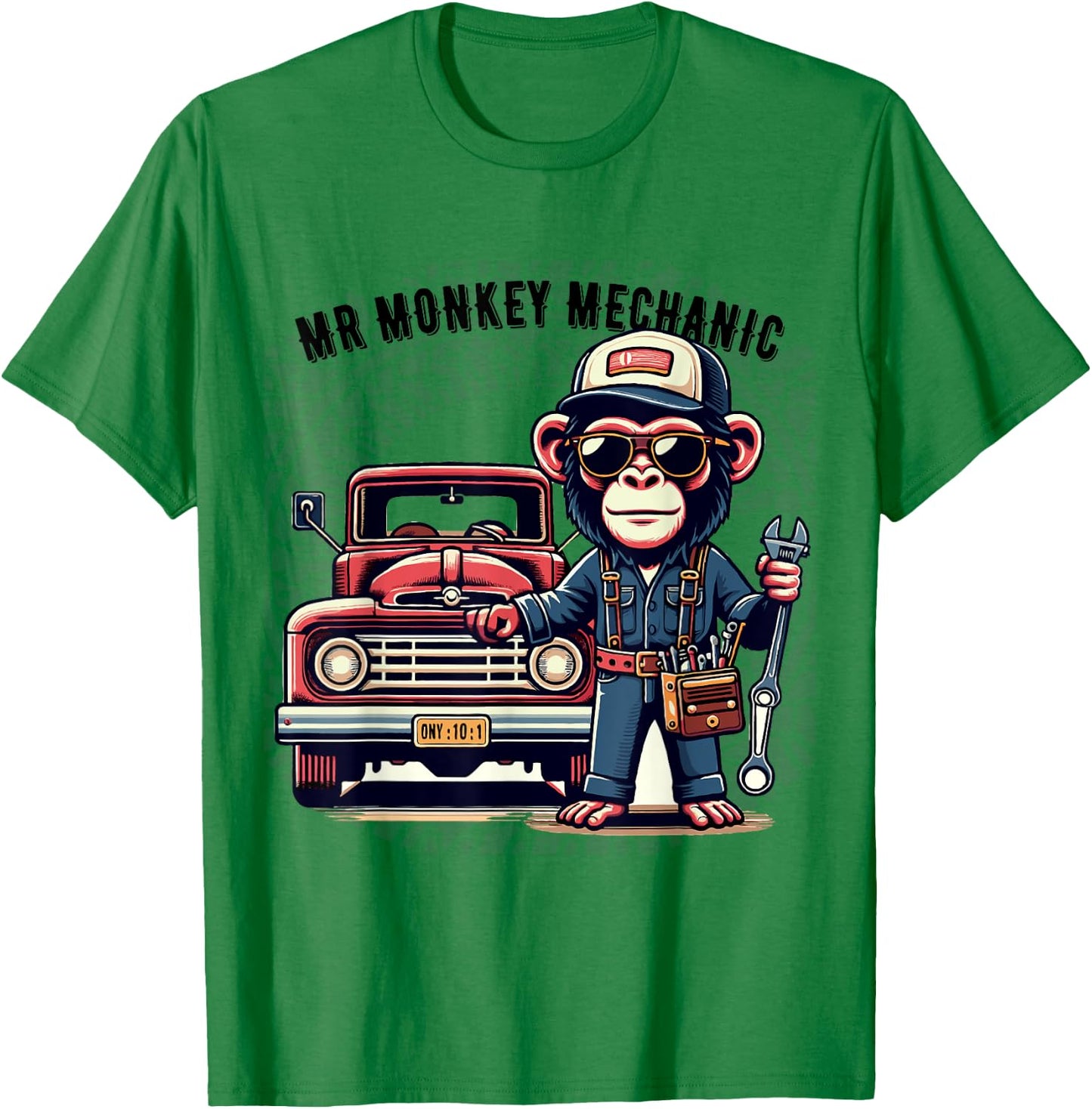 Mr Cute Monkey Mechanic Sunglasses Working on Vintage Truck T-Shirt - T-Shirt | Irish Green